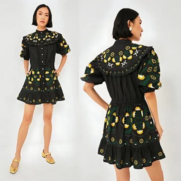 NWT Sea New York Tie Waist Perle Print Puff Sleeve Mini Dress Black Size: XL - Picture 1 of 7